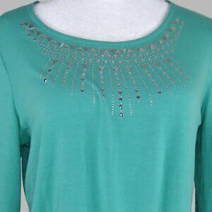 JM Collection Women's Green 3/4-Sleeve Pullover Embellished Top Size PM (C2021)